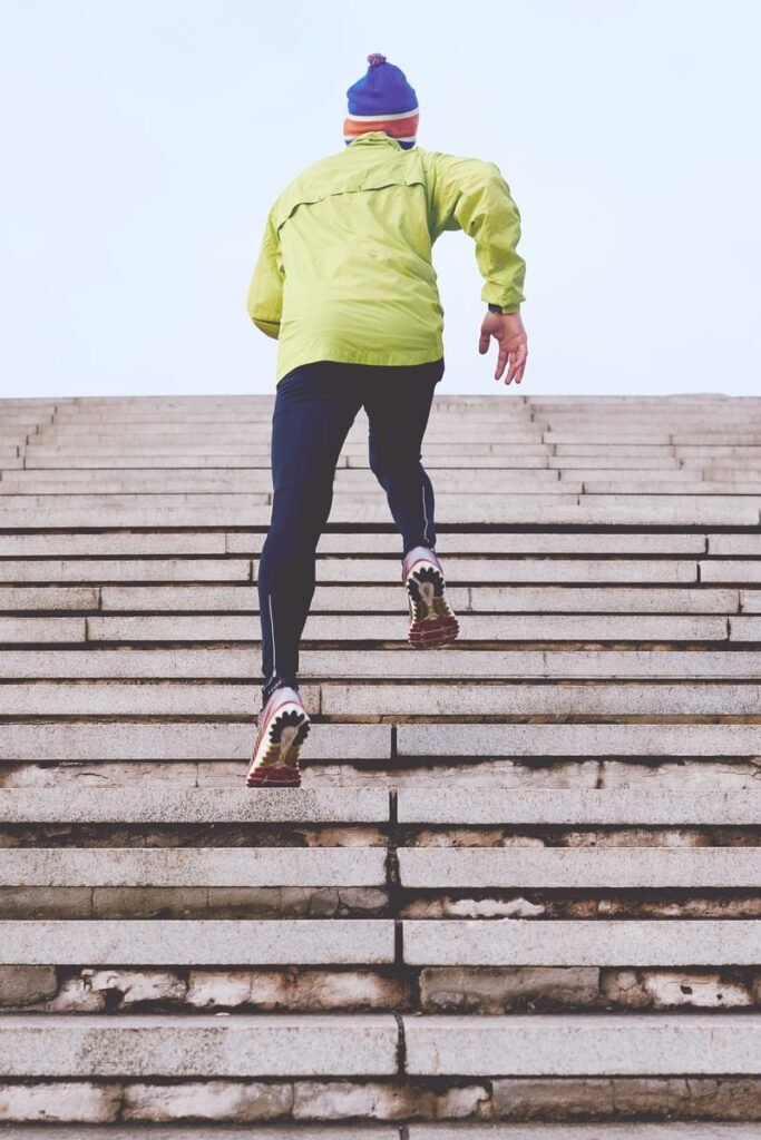 Men running on the stairs
